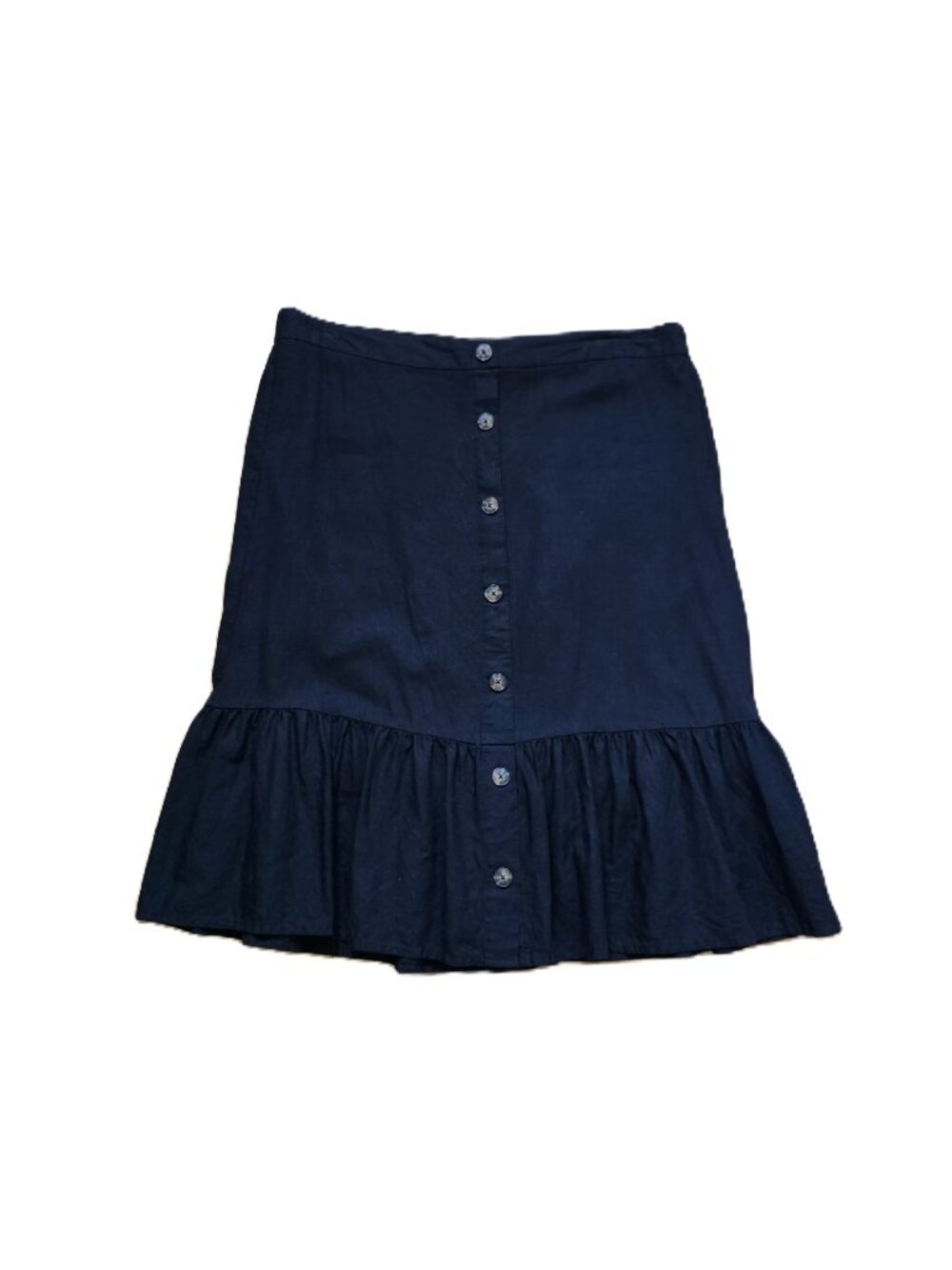 Black linen blend button front skirt with ruffle hem